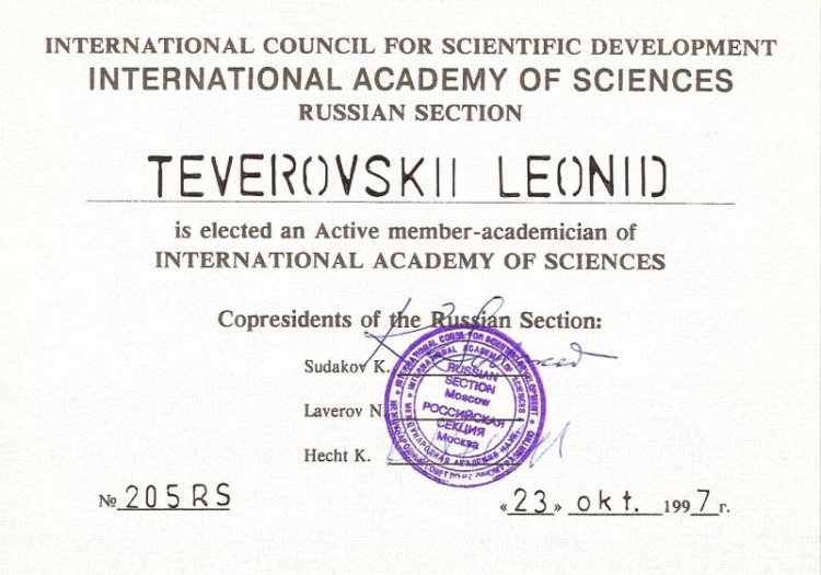 Bescheinungung �ber aktive Mitgliedschaft in der Akademie f�r Wissenschaft